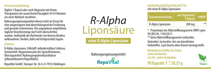 Etikett des Nahrungsergänzungsmittels R-Alpha Liponsäure von RepaVital mit Zutaten, Dosierung und Nährwertangaben.