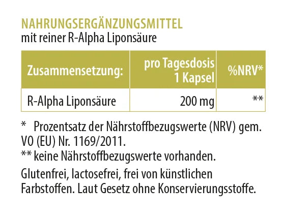 Zusammensetzungstabelle des Nahrungsergänzungsmittels mit reiner R-Alpha-Liponsäure, 200 mg pro Kapsel, ohne NRV-Angabe
