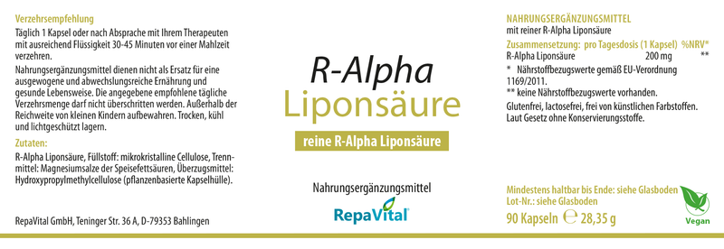 Nahrungsergänzungsmittel mit reiner R-Alpha-Liponsäure von RepaVital – vegane Kapseln zur Unterstützung eines bewussten Lebensstils, glutenfrei, ohne Farbstoffe, 200 mg pro Kapsel