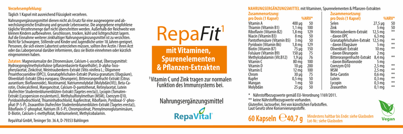 Etikett des Nahrungsergänzungsmittels RepaFit mit Vitaminen, Spurenelementen und Pflanzen-Extrakten von RepaVital – enthält OPC, Coenzym Q10, MSM, Selen, Zink, Biotin und viele weitere Vitalstoffe.