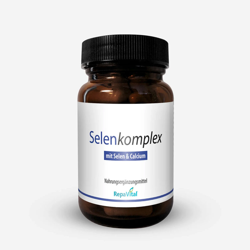 Braunglasdose Selenkomplex von RepaVital, Frontansicht mit Etikett, Nahrungsergänzungsmittel mit Selen und Calcium.