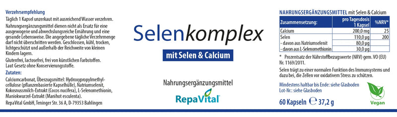 Etikett des Nahrungsergänzungsmittels Selenkomplex von RepaVital mit Selen und Calcium, Kapseln, vegan