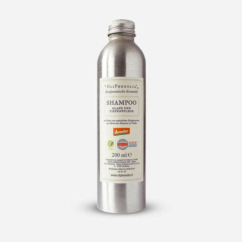 OliPhenolia Glanz und Tiefenpflege Shampoo in Aluminiumflasche – Demeter-zertifiziertes Naturshampoo mit Olivenpolyphenolen für gesundes Haar und kräftige Kopfhaut