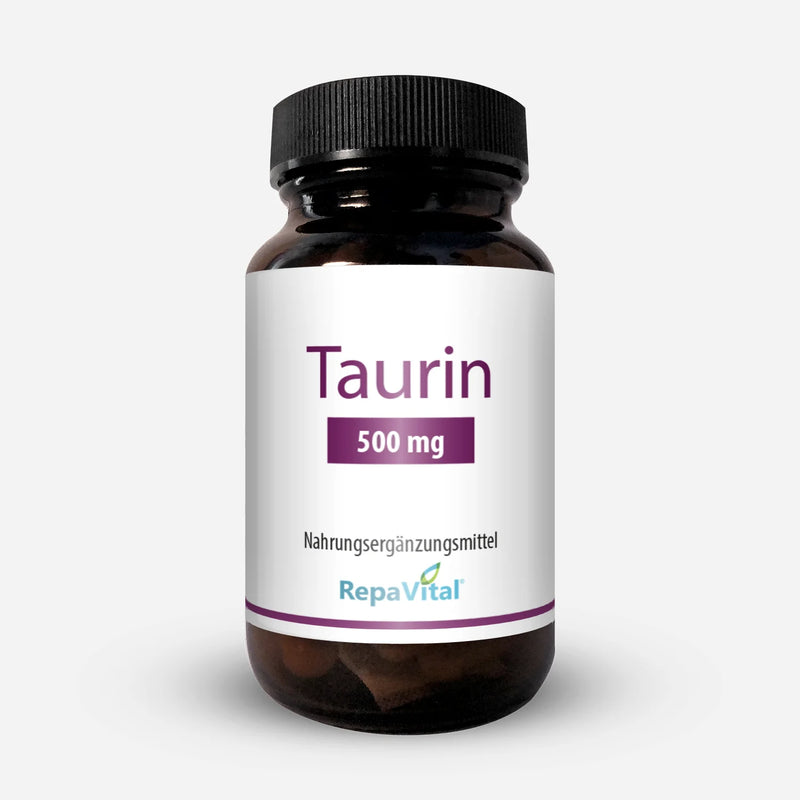 Produktabbildung Taurin 500 mg von RepaVital, Nahrungsergänzungsmittel in brauner Glasdose mit Etikett