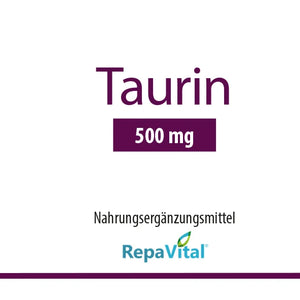 Etikett des Nahrungsergänzungsmittels Taurin 500 mg von RepaVital mit Verzehrempfehlung, Zutaten, Herstellerangaben