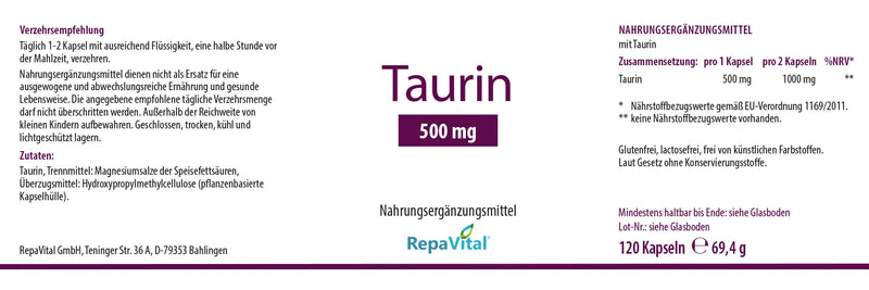 Etikett des Nahrungsergänzungsmittels Taurin 500 mg von RepaVital mit Verzehrempfehlung, Zutaten, Herstellerangaben
