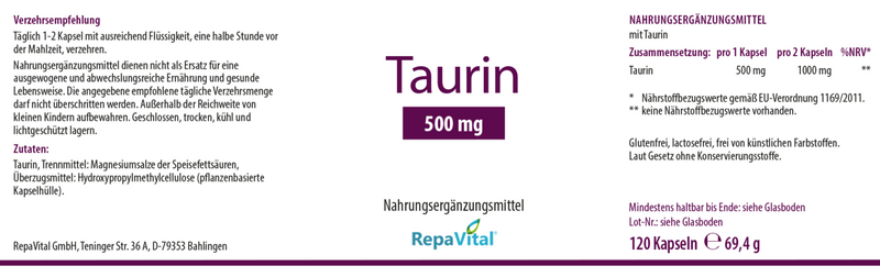 Etikett von RepaVital Taurin 500 mg – veganes Nahrungsergänzungsmittel ohne Zusatzstoffe, ideal zur Unterstützung von Energie und Ausdauer