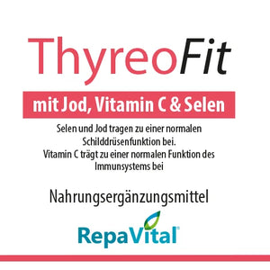 Nahrungsergänzungsmittel ThyreoFit mit Jod, Vitamin C und Selen, Etikett mit Verzehrempfehlung und Pflichtangaben