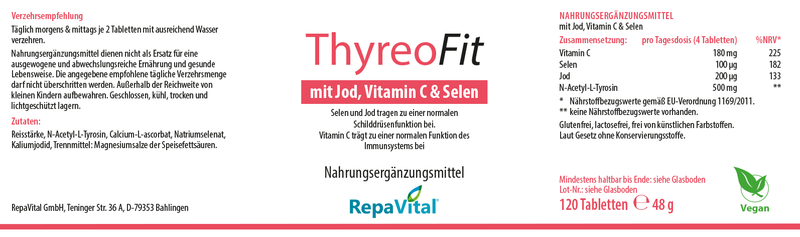 Nahrungsergänzungsmittel ThyreoFit mit Jod, Vitamin C und Selen zur Unterstützung der Schilddrüsenfunktion – RepaVital Tablettenetikett