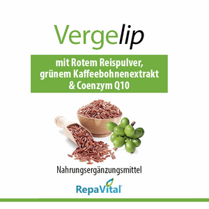 Etikett des Nahrungsergänzungsmittels Vergelip von RepaVital mit rotem Reispulver, grünem Kaffeebohnenextrakt und Coenzym Q10. Die Tagesdosis enthält 300 mg Kaffeebohnenextrakt, 125 mg Reispulver, 100 mg Coenzym Q10 und 30 mg Koffein. Frei von Gluten, Laktose und künstlichen Farbstoffen. Vegan.