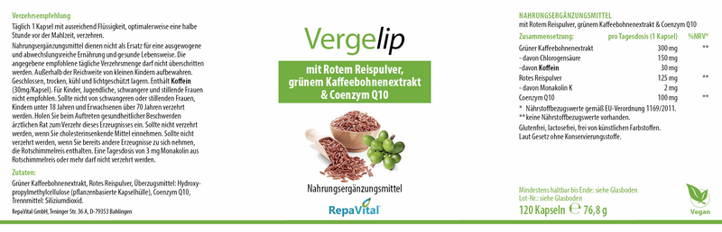 Etikett des Nahrungsergänzungsmittels Vergelip von RepaVital mit rotem Reispulver, grünem Kaffeebohnenextrakt und Coenzym Q10. Die Tagesdosis enthält 300 mg Kaffeebohnenextrakt, 125 mg Reispulver, 100 mg Coenzym Q10 und 30 mg Koffein. Frei von Gluten, Laktose und künstlichen Farbstoffen. Vegan.