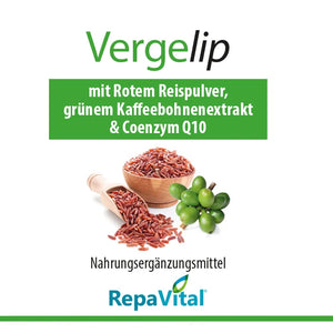Etikett des Nahrungsergänzungsmittels Vergelip mit rotem Reispulver, grünem Kaffeebohnenextrakt und Coenzym Q10