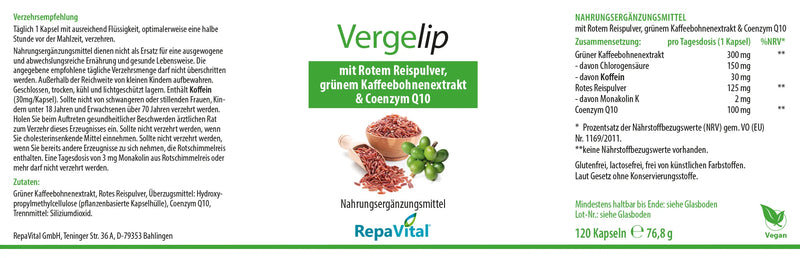 Etikett des Nahrungsergänzungsmittels Vergelip mit rotem Reispulver, grünem Kaffeebohnenextrakt und Coenzym Q10