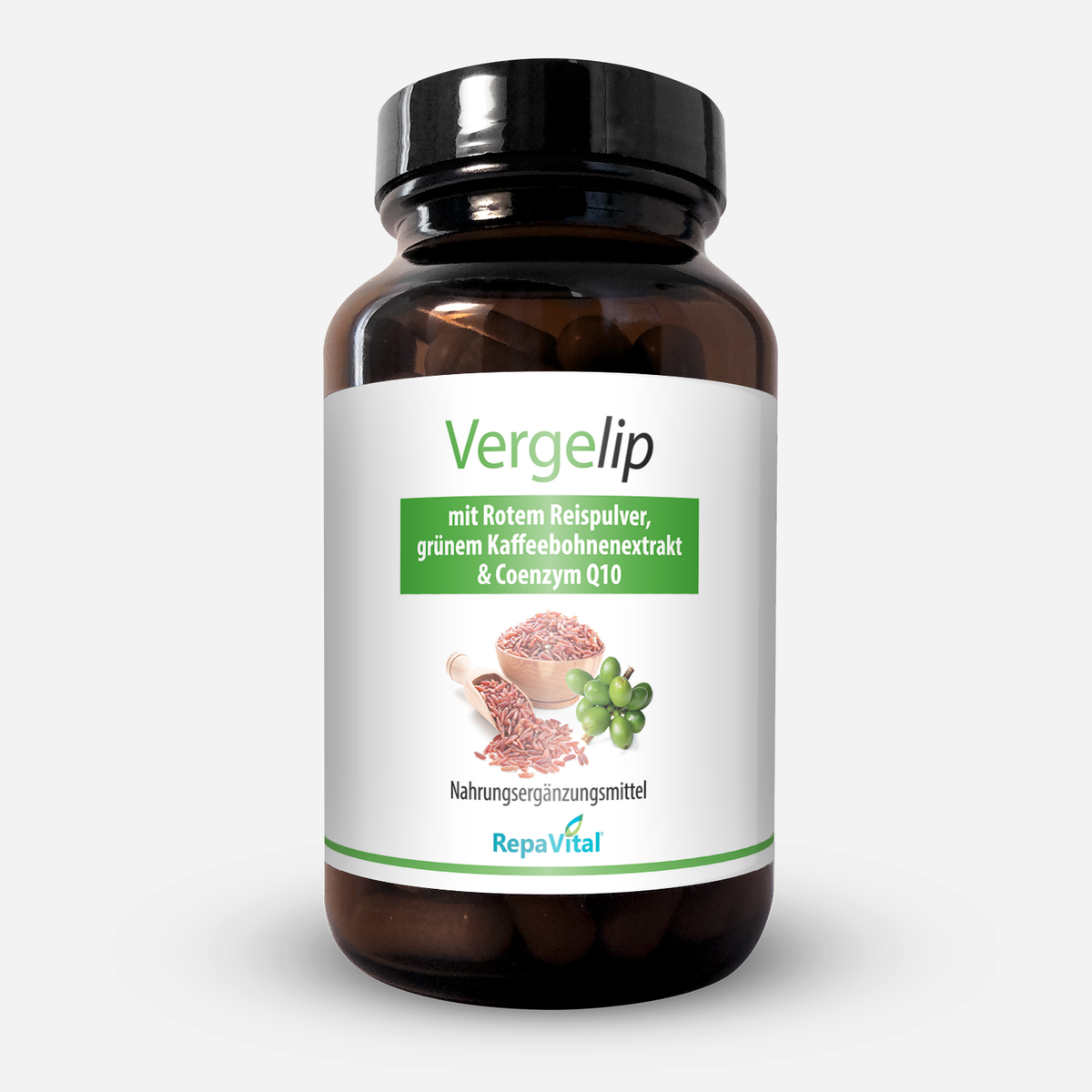 RepaVital Vergelip Kapseln mit rotem Reispulver, grünem Kaffeebohnenextrakt und Coenzym Q10 – Nahrungsergänzungsmittel für Cholesterin und Energie, 120 vegane Kapseln