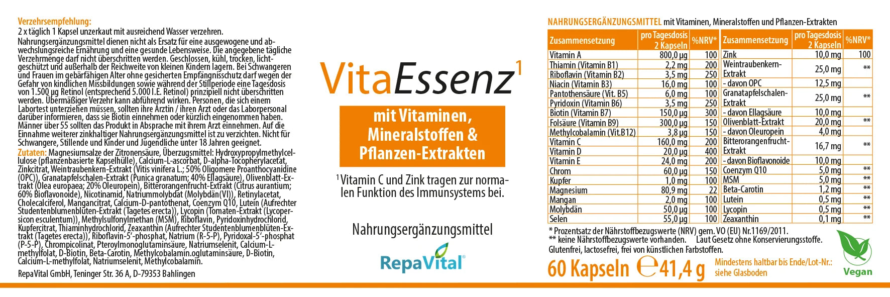 künstliche mineralstoffe VitaEssenz | Vitamine, Mineralstoffe und Pflanzenextrakte – 60 Kapseln