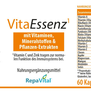 RepaVital VitaEssenz Etikett mit Zusammensetzung aus Vitaminen, Mineralstoffen und Pflanzenextrakten sowie Nährwertangaben pro Tagesdosis.