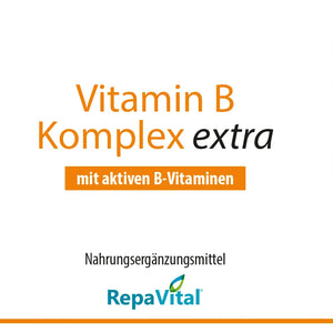 Etikett Vitamin B Komplex extra von RepaVital – B-Komplex mit aktiven Formen wie Methylcobalamin, P-5-P und 5-MTHF