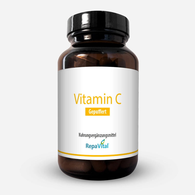 Produktabbildung Vitamin C Gepuffert von RepaVital, Nahrungsergänzungsmittel in brauner Glasdose mit Schraubdeckel