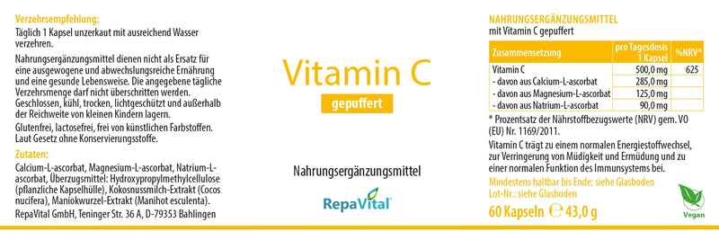 Etikett Nahrungsergänzungsmittel Vitamin C gepuffert von RepaVital mit Verzehrempfehlung, Zutaten, Vegan-Hinweis