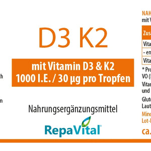 Nahrungsergänzungsmittel D3 K2: Etikett mit Verzehrempfehlung, Zutaten, Pflichtangaben und Herstellerangaben.