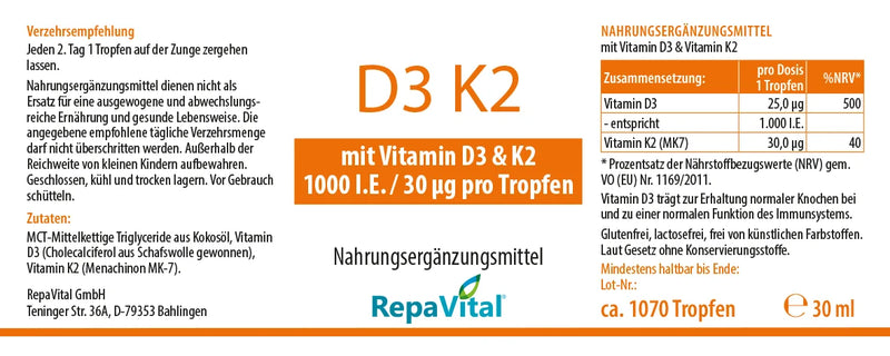 Nahrungsergänzungsmittel D3 K2: Etikett mit Verzehrempfehlung, Zutaten, Pflichtangaben und Herstellerangaben.