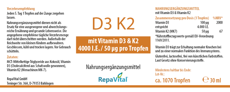 Etikett von RepaVital Vitamin D3 K2 Tropfen hochdosiert – 4000 I.E. Vitamin D3 und 50 µg K2 pro Tropfen, Nahrungsergänzungsmittel zur Unterstützung von Knochen und Immunsystem