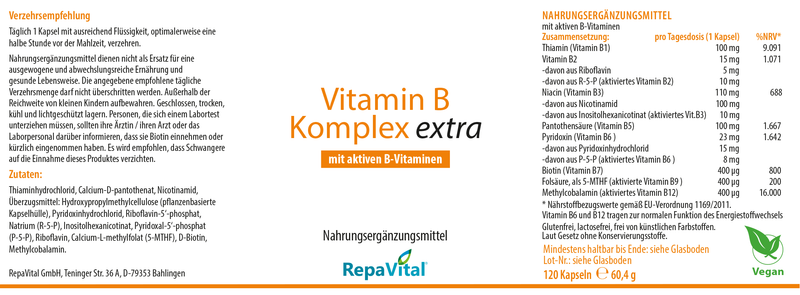 Etikett Vitamin B Komplex extra von RepaVital – B-Komplex mit aktiven Formen wie Methylcobalamin, P-5-P und 5-MTHF