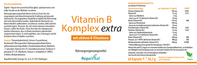 Etikett von RepaVital Vitamin B Komplex extra mit aktiven B-Vitaminen – hochdosiertes B-Komplex Präparat