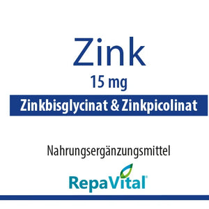 Etikett des Nahrungsergänzungsmittels Zink 15 mg von RepaVital mit Zinkbisglycinat und Zinkpicolinat.