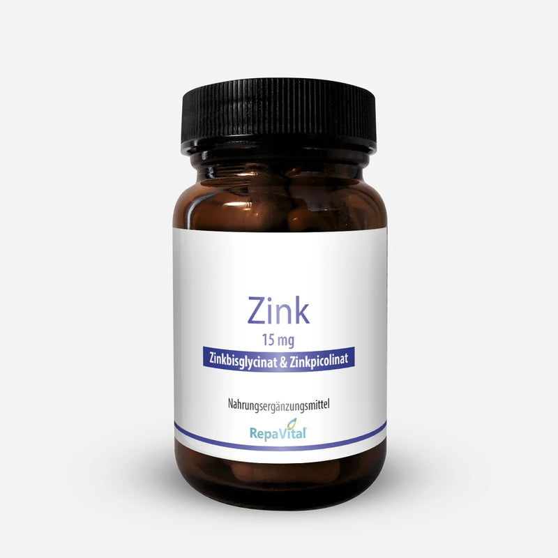Produktabbildung Nahrungsergänzungsmittel Zink 15 mg von RepaVital mit Zinkbisglycinat und Zinkpicolinat